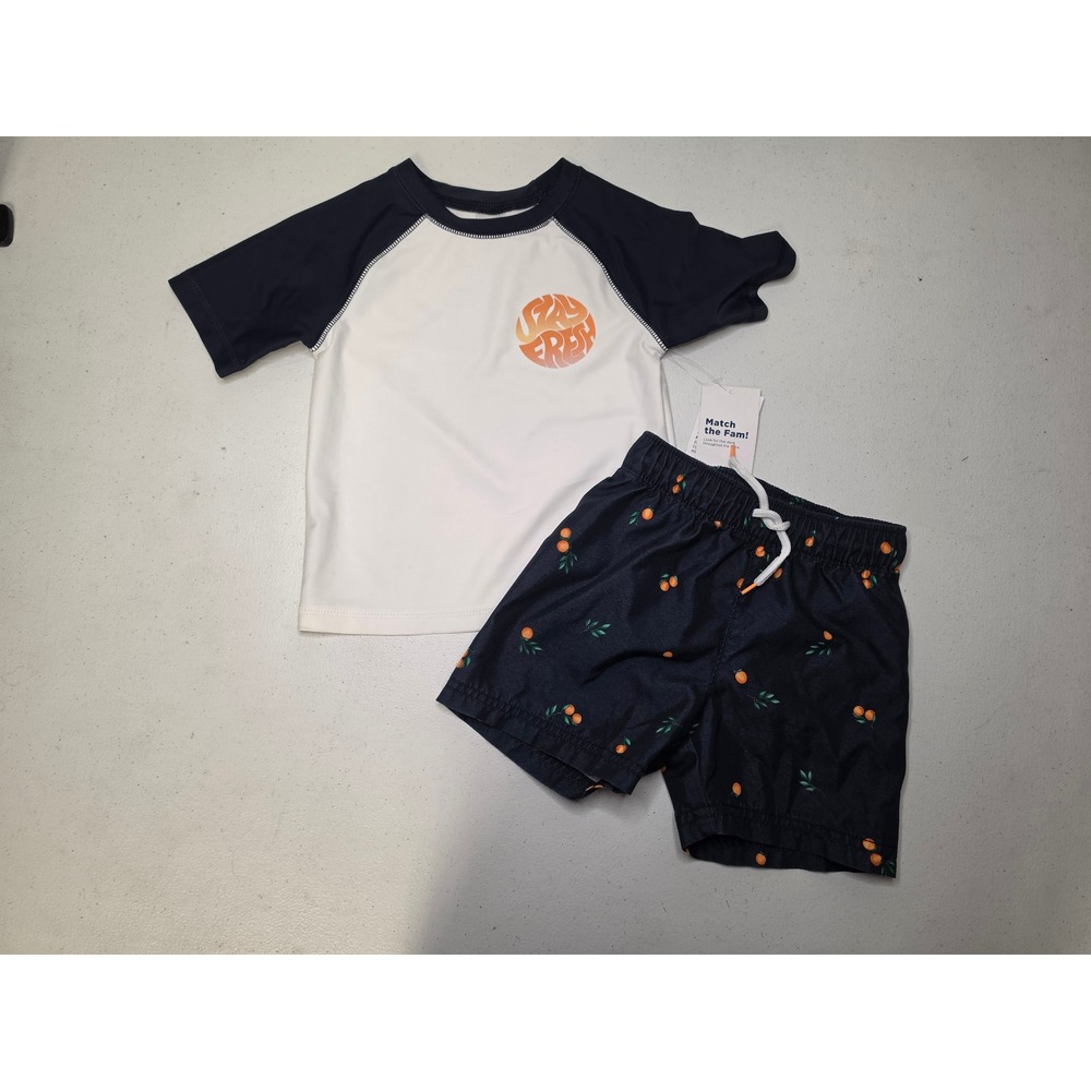 Old Navy Toddler Boys 2T Rash Guard and Swim Trunks Set Navy White Orange Fruit